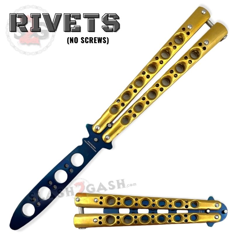 Classic 6 Hole Butterfly Knife Trainer Practice Balisong (Riveted) - asst. Gold w Blue Blade Knife-Balisong - Tophatter Daily Deals