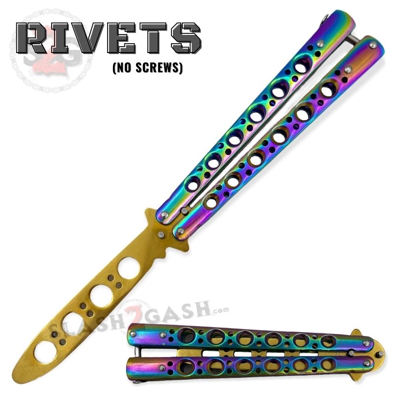Classic 6 Hole Butterfly Knife Trainer Practice Balisong (Riveted) - asst. Rainbow w Gold Blade Knife-Balisong - Tophatter Daily Deals