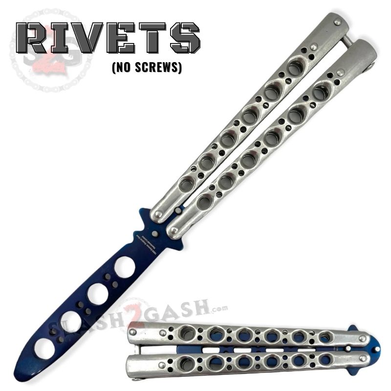 Classic 6 Hole Butterfly Knife Trainer Practice Balisong (Riveted) - asst. Silver w Blue Blade Knife-Balisong - Tophatter Daily Deals