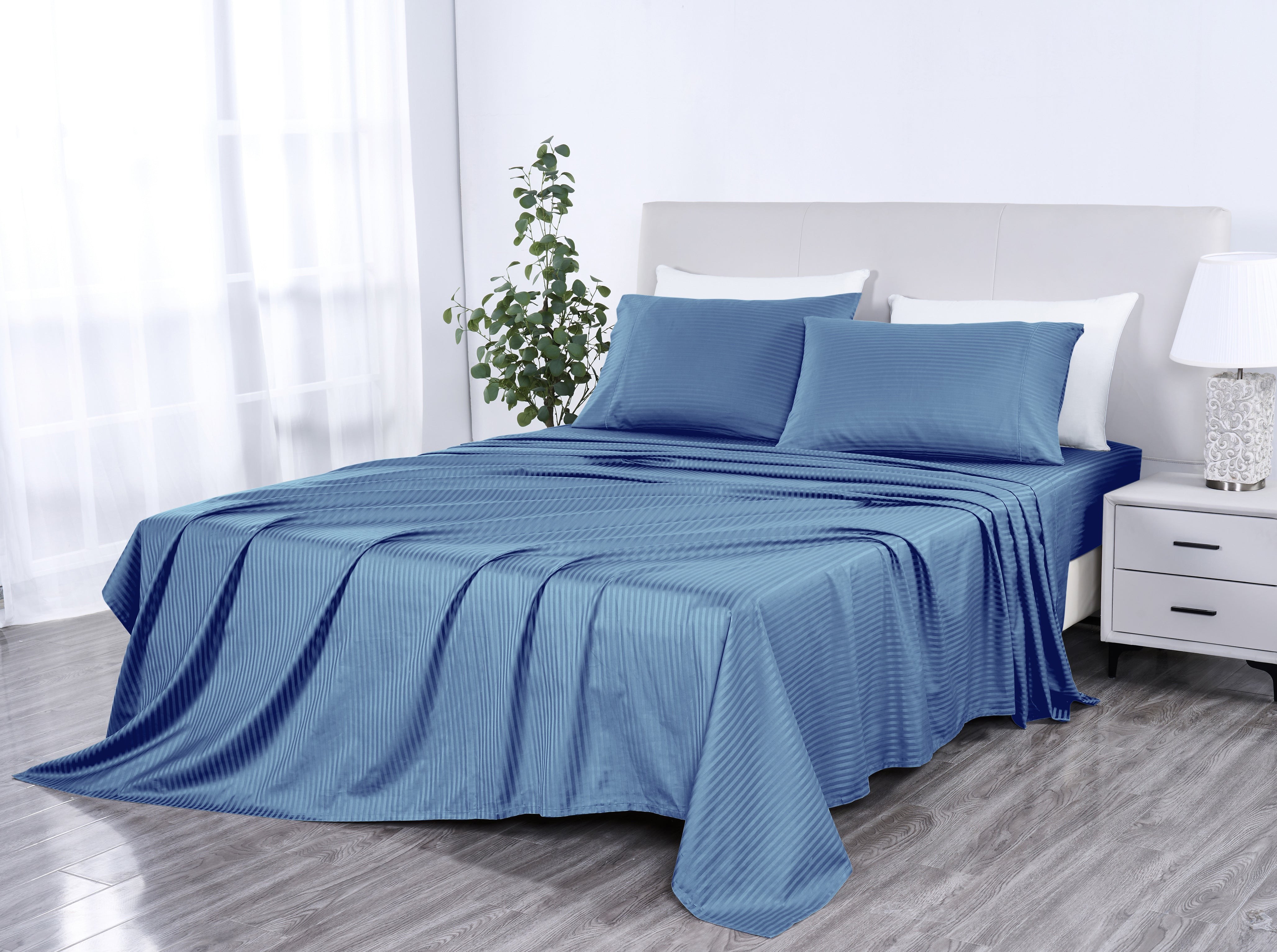 Kathy Ireland 500 Thread Count Damask Stripe Sheet Set with Optifit Classic Blue Bedding - Tophatter Daily Deals