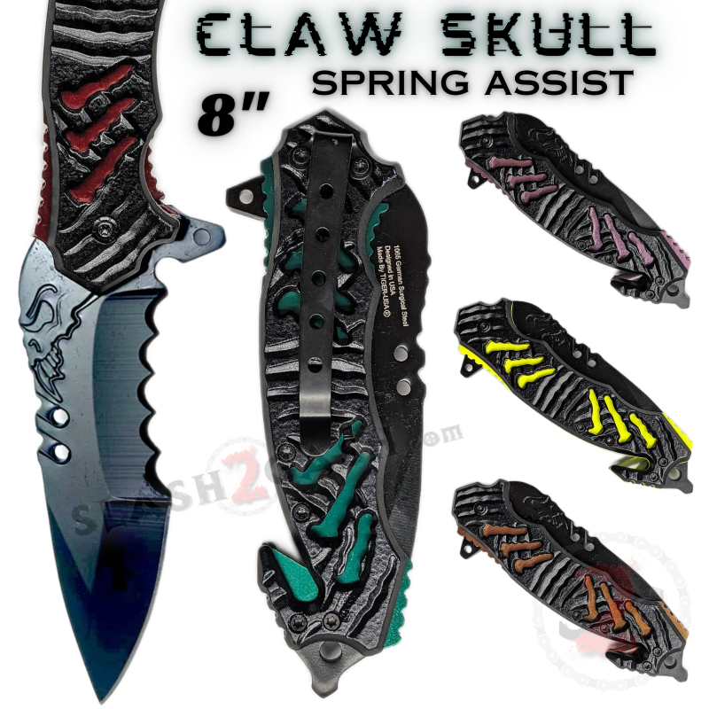 Claw Spring Assisted Rescue Knife w/ Cutouts 3D Skull - Asst. Colors Knife-Assist - Tophatter Daily Deals