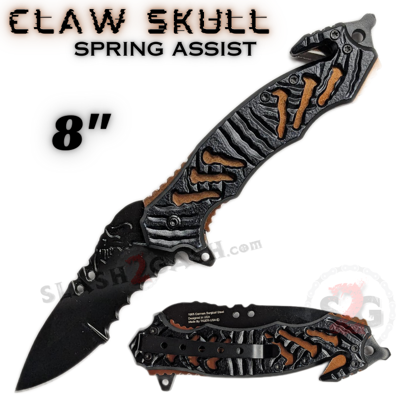 Claw Spring Assisted Rescue Knife w/ Cutouts 3D Skull - Asst. Colors Claw Skull - Burnt Orange Knife-Assist - Tophatter Daily Deals