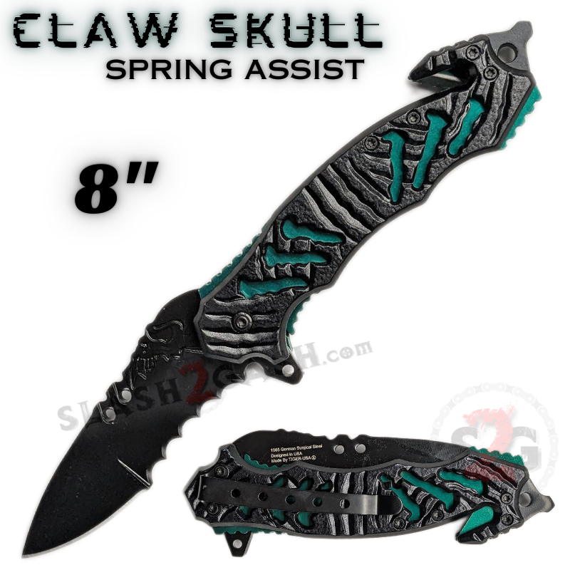 Claw Spring Assisted Rescue Knife w/ Cutouts 3D Skull - Green Claw Skull - Green Knife-Assist - Tophatter Daily Deals