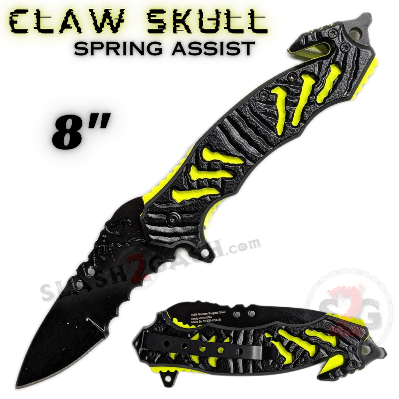 Claw Spring Assisted Rescue Knife w/ Cutouts 3D Skull - Neon Green Claw Skull - Neon Green Knife-Assist - Tophatter Daily Deals