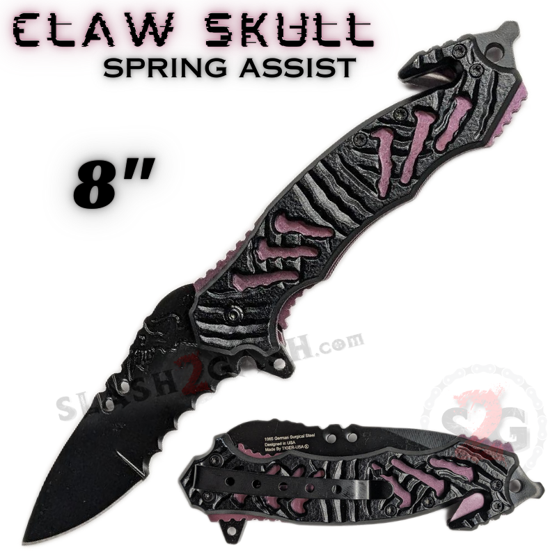 Claw Spring Assisted Rescue Knife w/ Cutouts 3D Skull - Plink Claw Skull - Plink (Purple-ish Pink) Knife-Assist - Tophatter Daily Deals