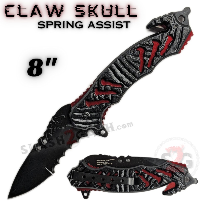 Claw Spring Assisted Rescue Knife w/ Cutouts 3D Skull - Blood Red Claw Skull - Blood Red Knife-Assist - Tophatter Daily Deals