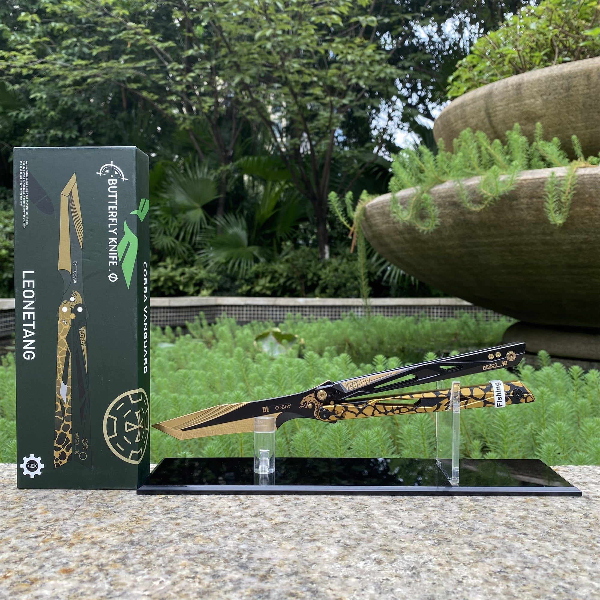 IRL Cobra Vanguard High-End CNC Balisong Trainer Butterfly Knife Trainer Knife & Stand - Tophatter Daily Deals