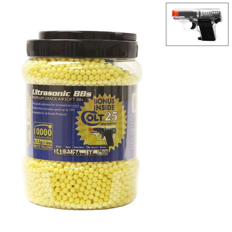 Ultrasonic 10,000ct Yellow BB Jar with Free Clear Colt .25 Spring Pistol Collectible Weapons - Tophatter Daily Deals