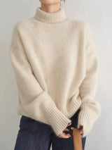 Soft Cozy Women’s Turtleneck Sweater - Oversized Knit Beige - Tophatter Daily Deals