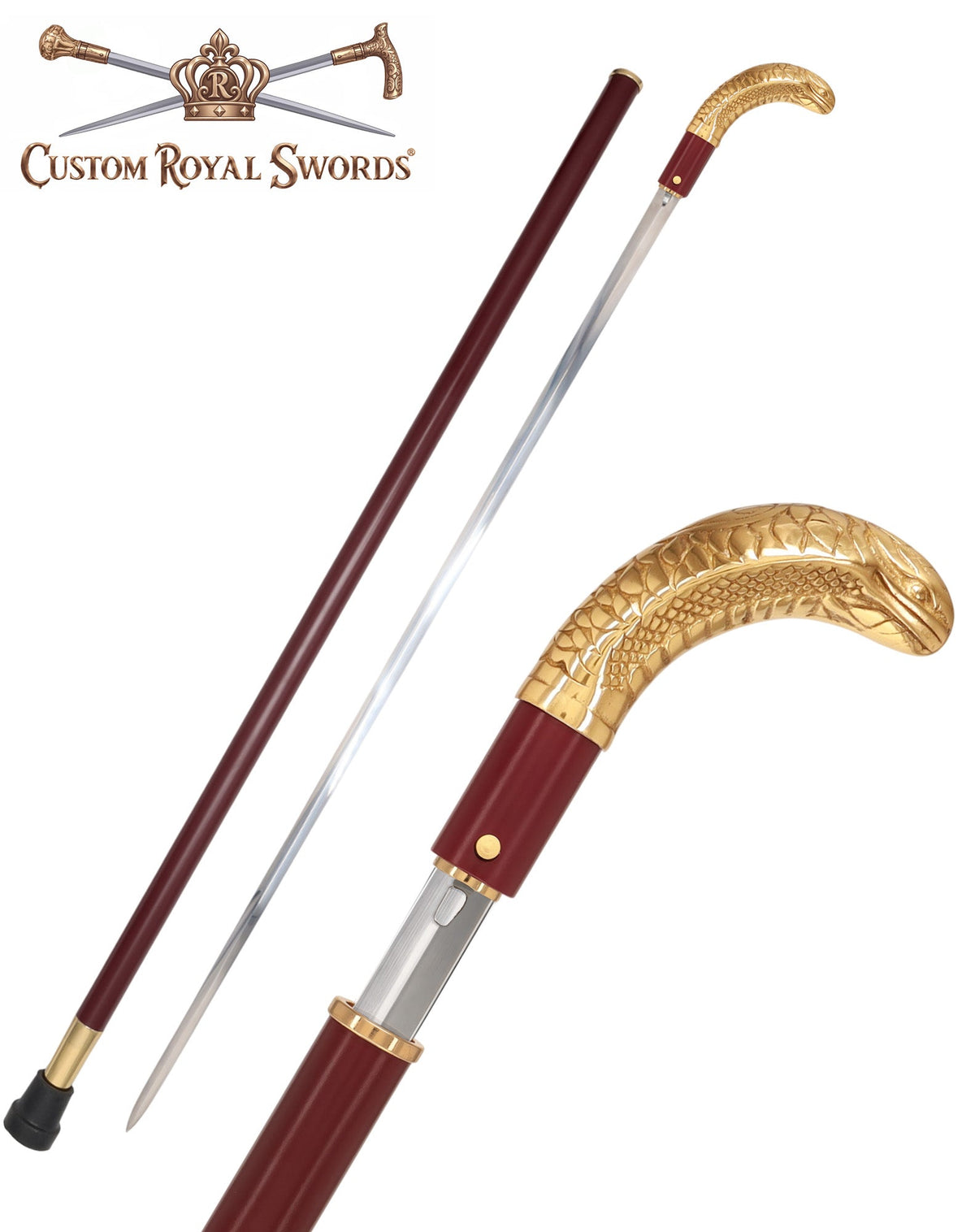 Custom RC Swords Brass Snake Handle Sword Cane – Mahogany Metal Shaft, 29" Blade Sword Canes - Tophatter Daily Deals