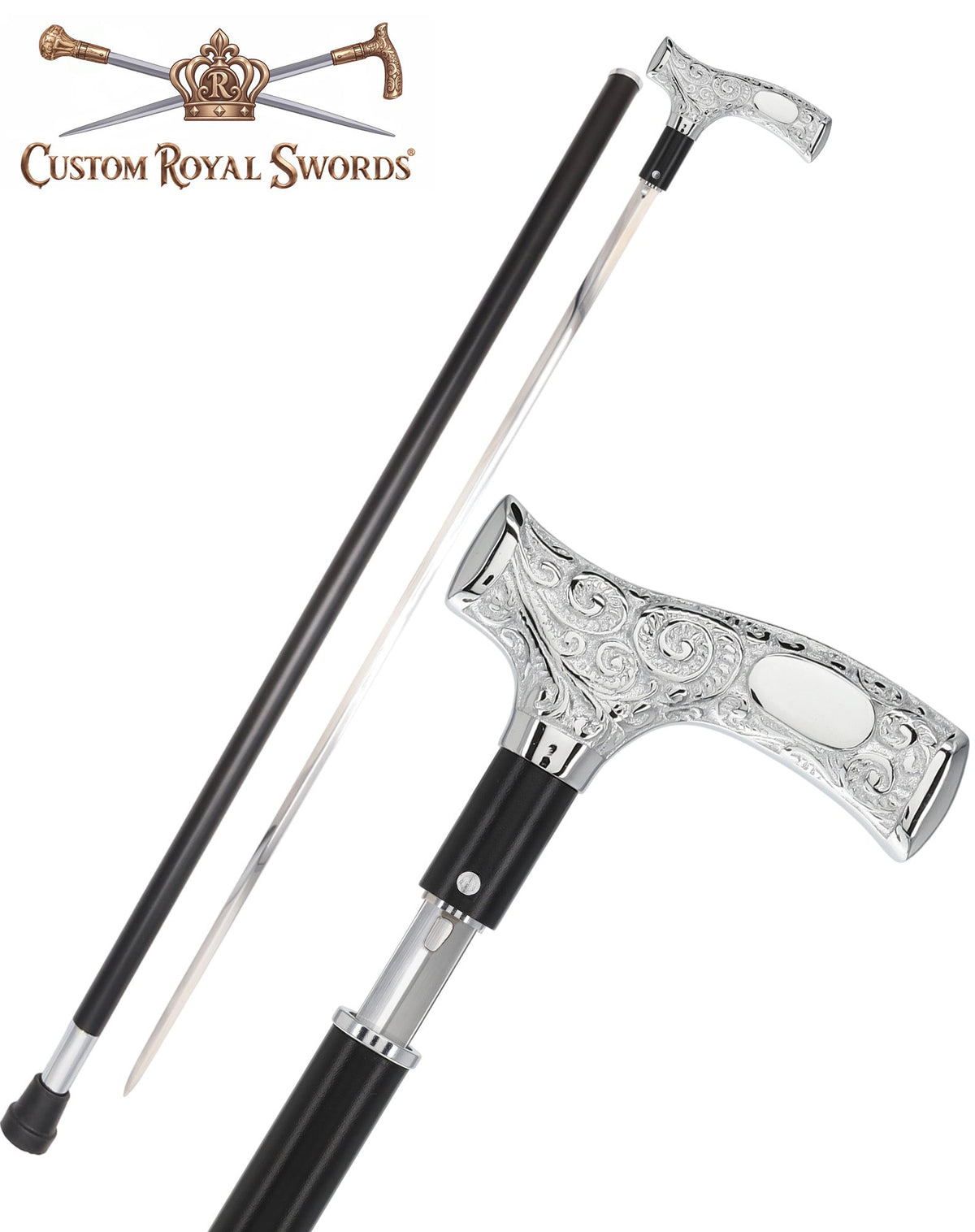 Custom RC Swords Engravable Chrome Fritz Sword Cane – Black Metal Shaft, 29" Blade Sword Canes - Tophatter Daily Deals