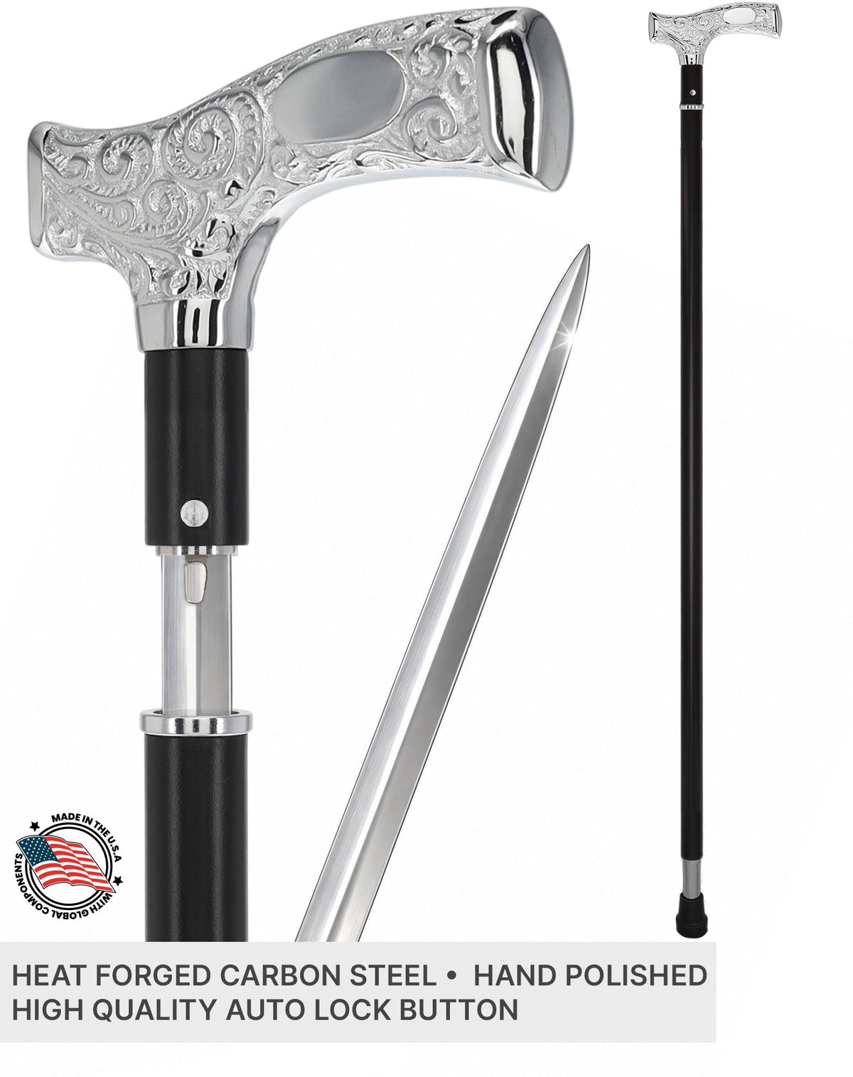 Custom RC Swords Engravable Chrome Fritz Sword Cane – Black Metal Shaft, 29" Blade Sword Canes - Tophatter Daily Deals