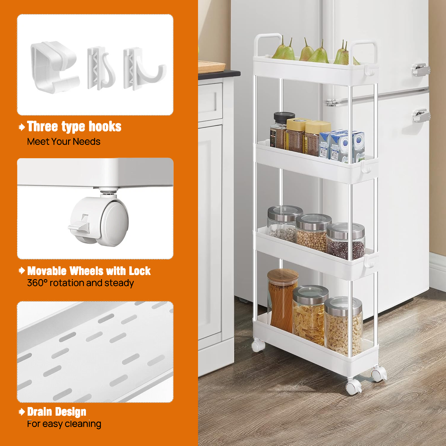 Kitchen Storage Trolley – Adjustable 4 Tier Cart with Baskets Utility Vegetable Mobile Rack Kitchen - Tophatter Daily Deals