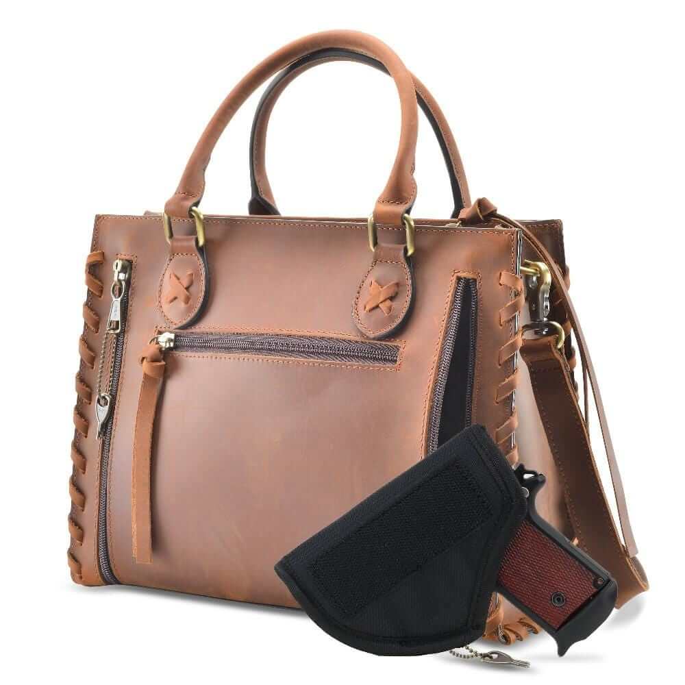 Concealed Carry Emma Leather Satchel Lockable CCW Bag Distressed Brown Handgun Purses - Tophatter Daily Deals