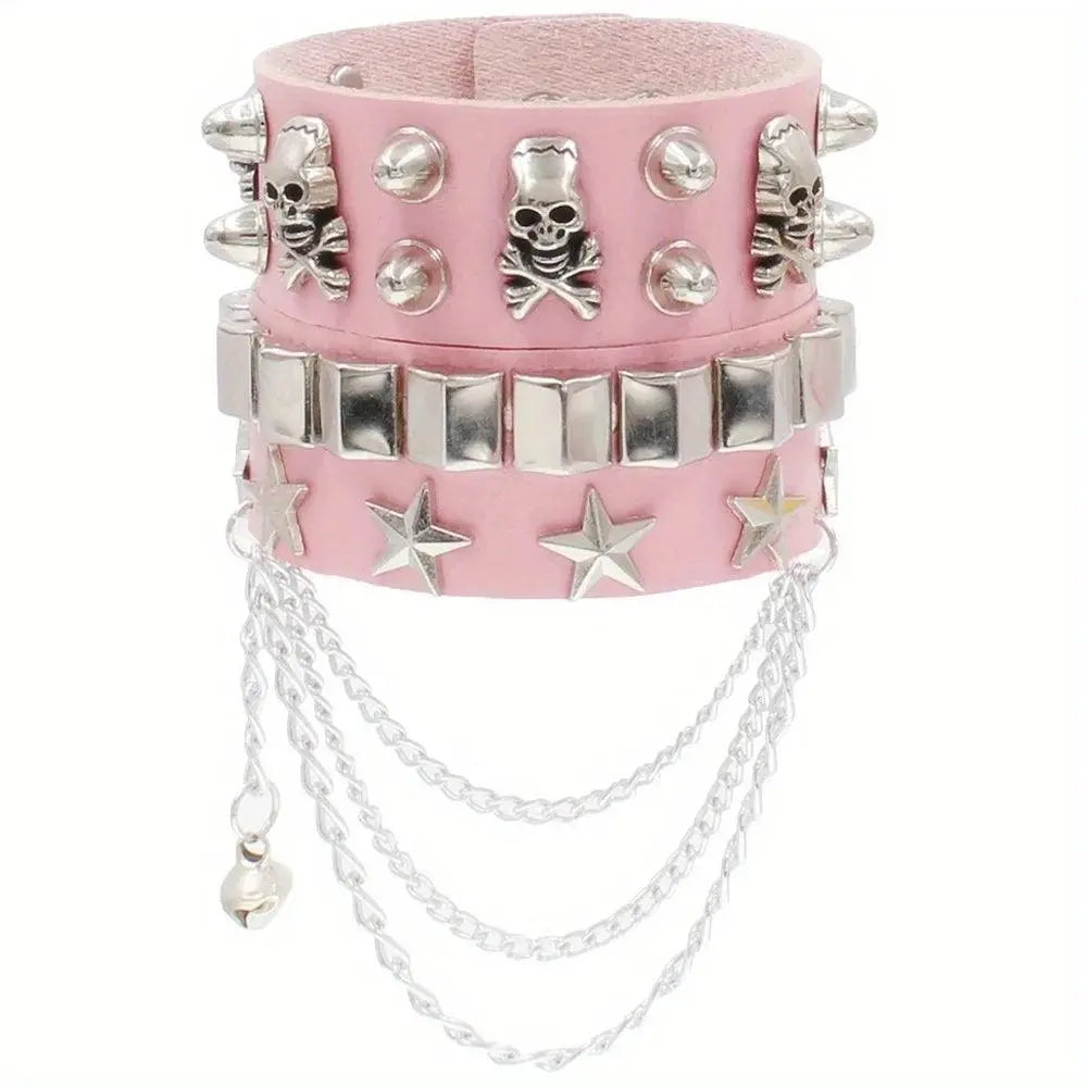 Cool Punk Style Pu Lather Chunky Bracelet, Y2k Style Hand Jewelry For Halloween Party Favors, Halloween Birthday Gift Pink - Tophatter Daily Deals