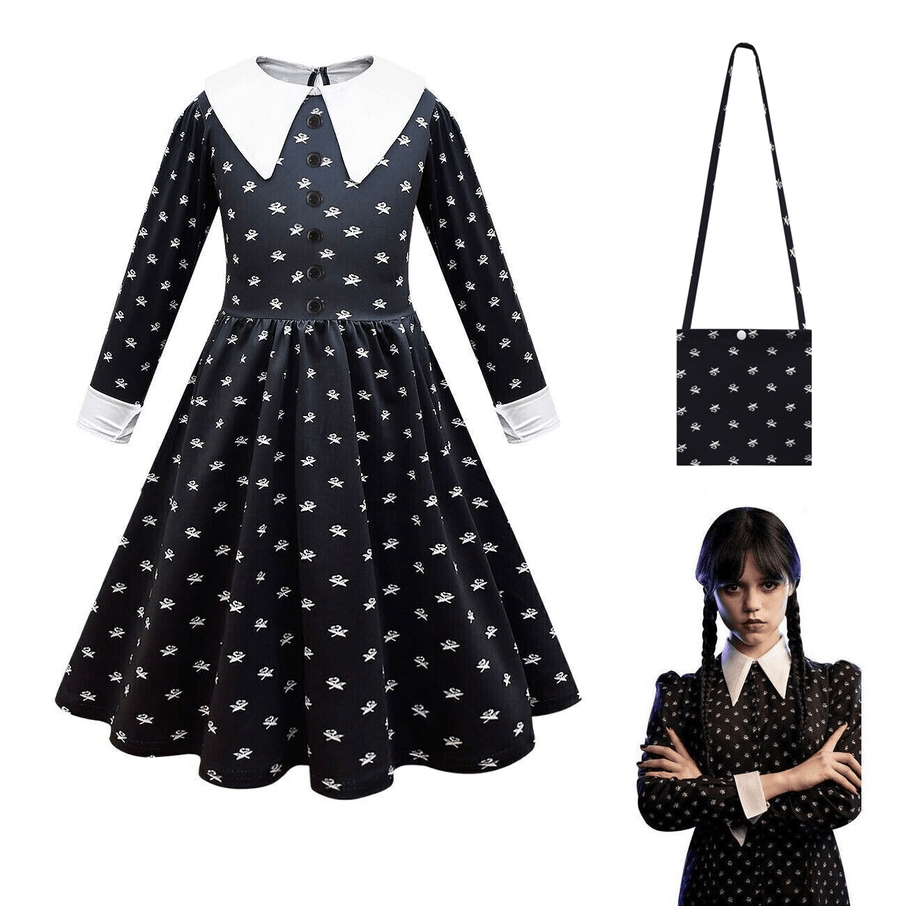 Wednesday Addams Costume - Addams Family Costume Outfit Girls Kids Party Fancy Dress Bag Festive & Franchise - Tophatter Daily Deals