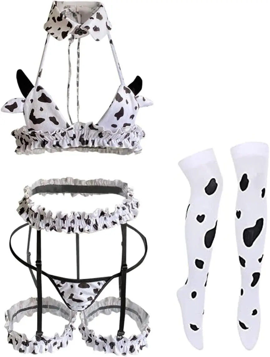 Cow Women Anime Milk Cosplay Costume Bikini Kawaii Bra and Panty Garter Belt Set Lingerie White Stocking (Bianco) - Tophatter Daily Deals