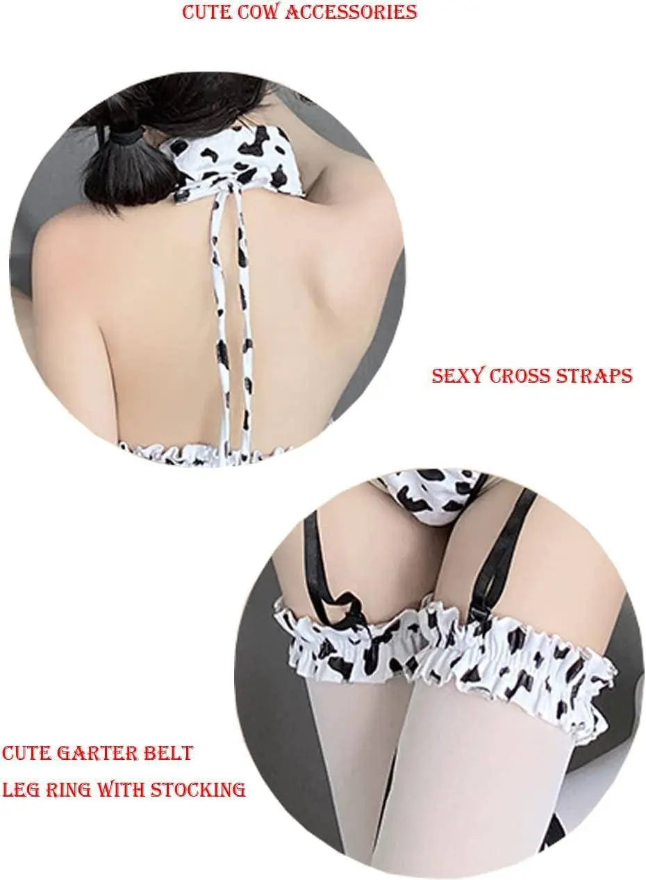 Cow Women Anime Milk Cosplay Costume Bikini Kawaii Bra and Panty Garter Belt Set Lingerie White Stocking (Bianco) - Tophatter Daily Deals