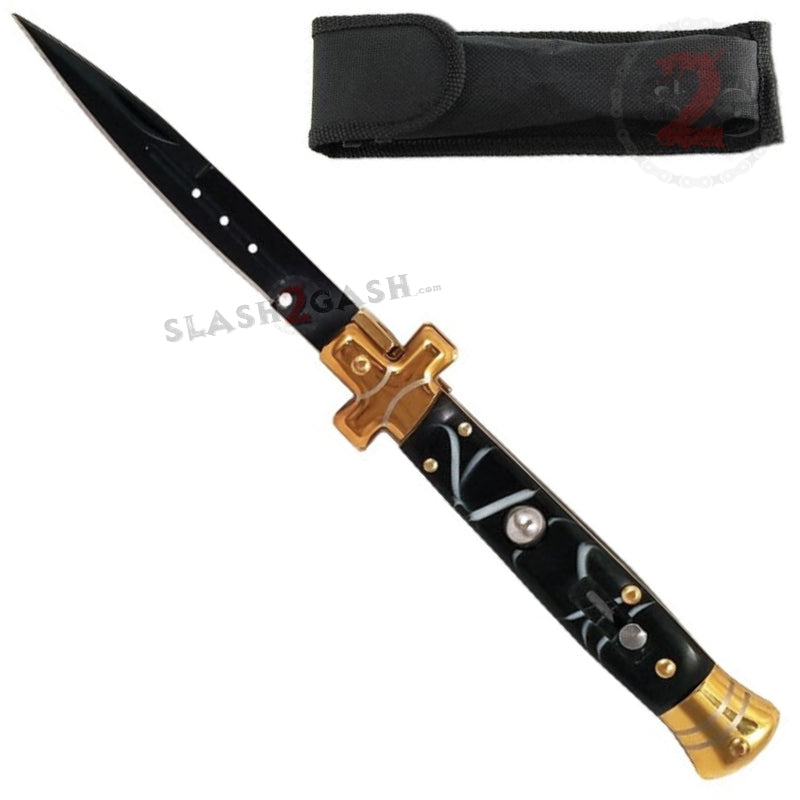 Cross Stiletto Automatic Knife Gold Switchblade - Black Marble Knife-Auto - Tophatter Daily Deals