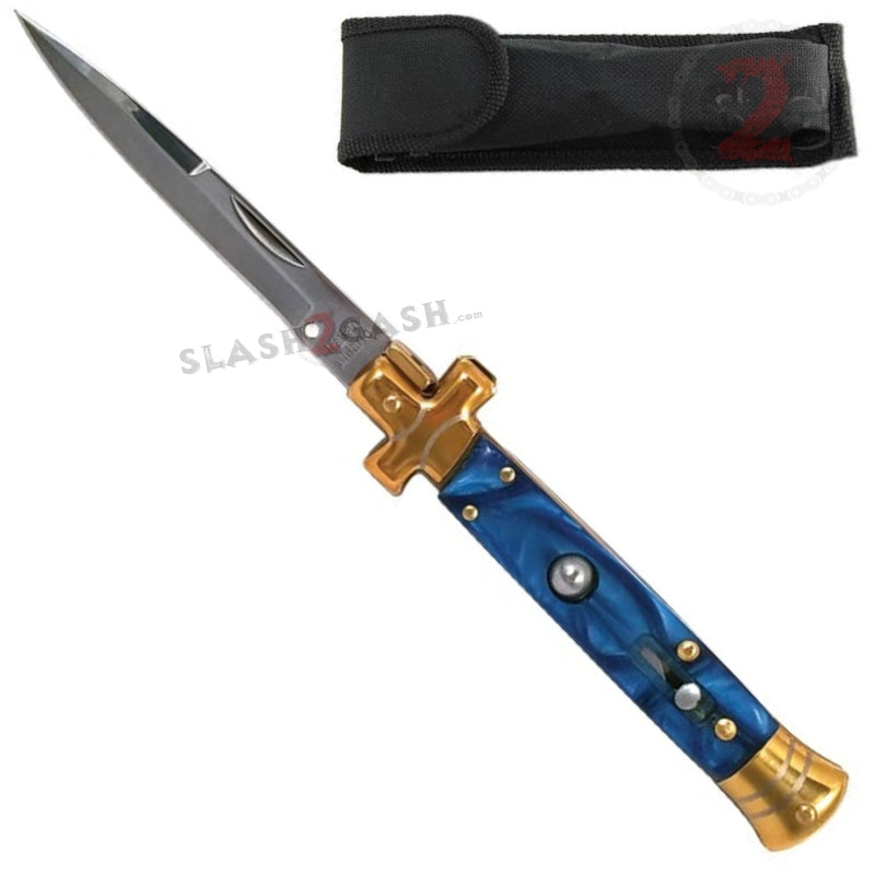 Golden Cross Stiletto Automatic Knife Classic Switchblade - 9 Colors Blue Marble Knife-Auto - Tophatter Daily Deals