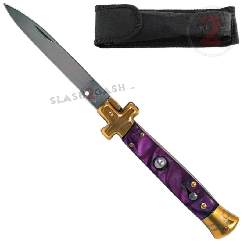 Golden Cross Stiletto Automatic Knife Classic Switchblade - 9 Colors Purple Marble Knife-Auto - Tophatter Daily Deals