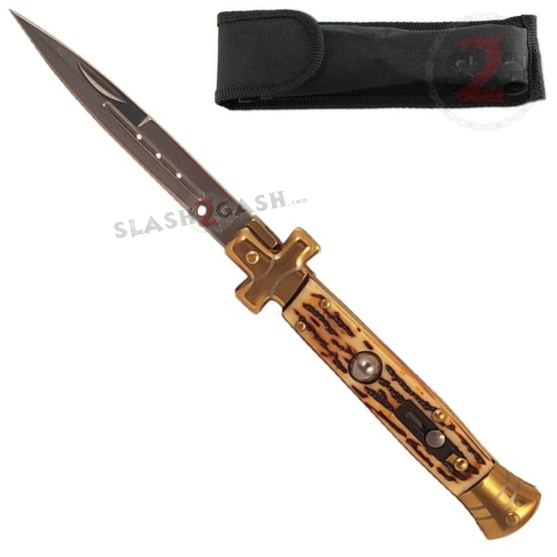 Golden Cross Stiletto Automatic Knife Classic Switchblade - 9 Colors Faux Stag Knife-Auto - Tophatter Daily Deals
