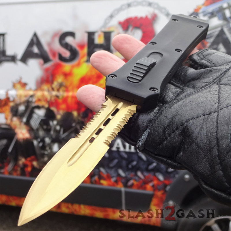 Crypt Keeper OTF Knife Automatic Switchblade - GOLD serrated Knife-OTF - Tophatter Daily Deals