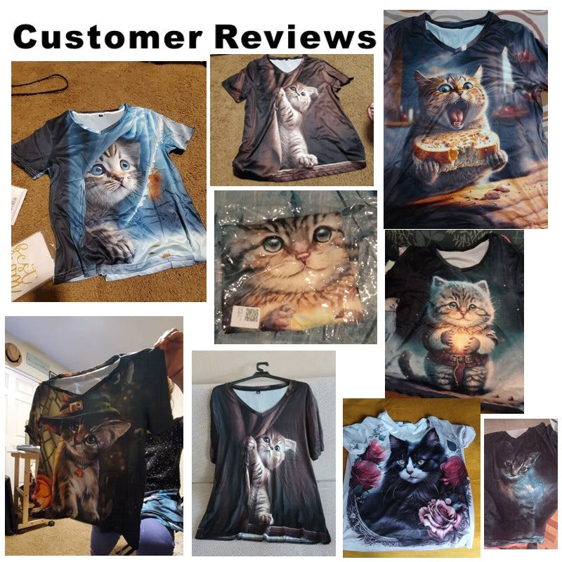 Women V-neck Tops Printed Cat T-shirt Tee - Tophatter Daily Deals
