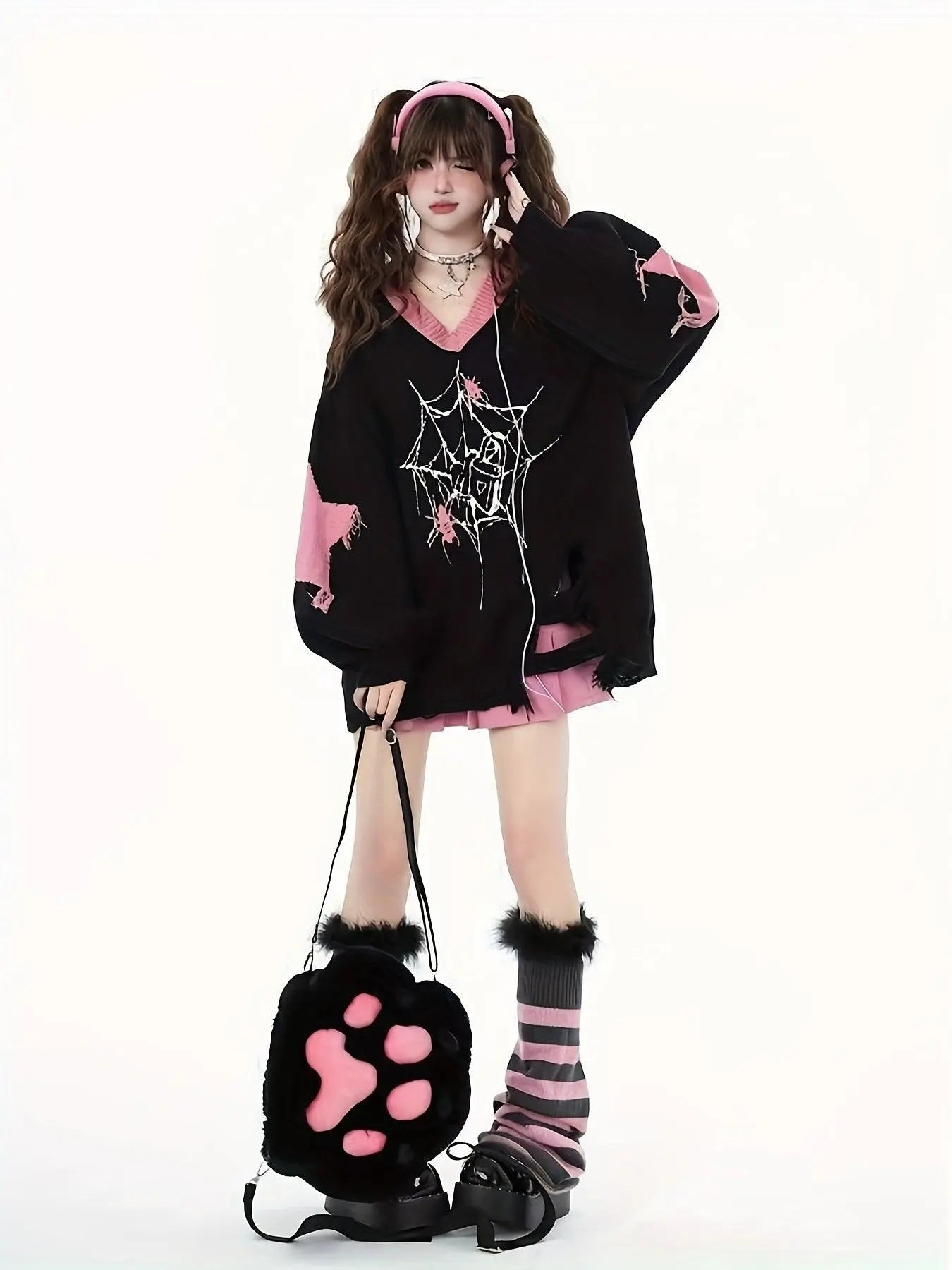 Cute Acrylic Knit Pullover with Animal and Color Block Pattern, V-Neck, Lantern Sleeve, Ripped Detail, Loose Fit - Women's Fall/Winter Sweater - Tophatter Daily Deals