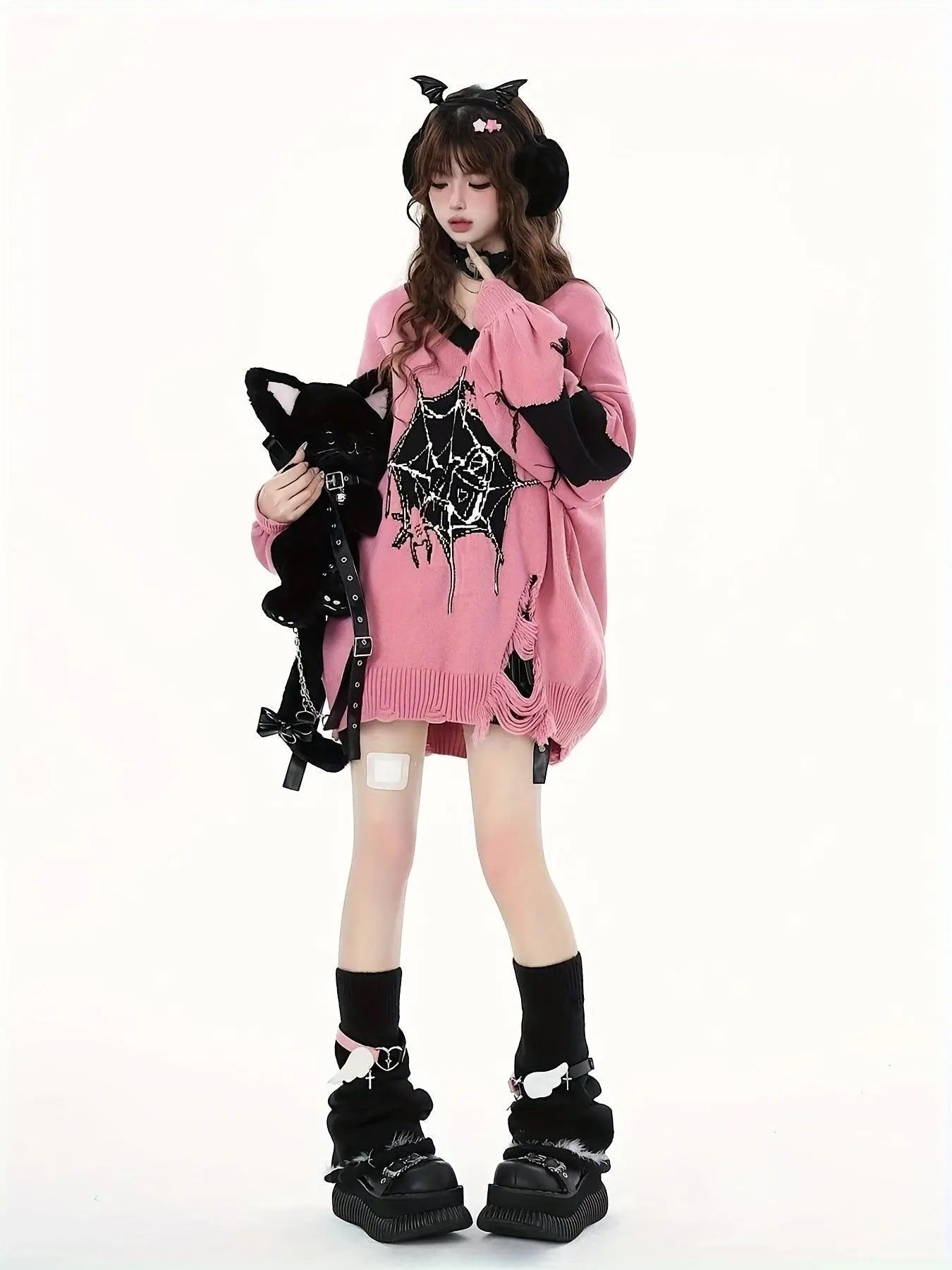 Cute Acrylic Knit Pullover with Animal and Color Block Pattern, V-Neck, Lantern Sleeve, Ripped Detail, Loose Fit - Women's Fall/Winter Sweater - Tophatter Daily Deals