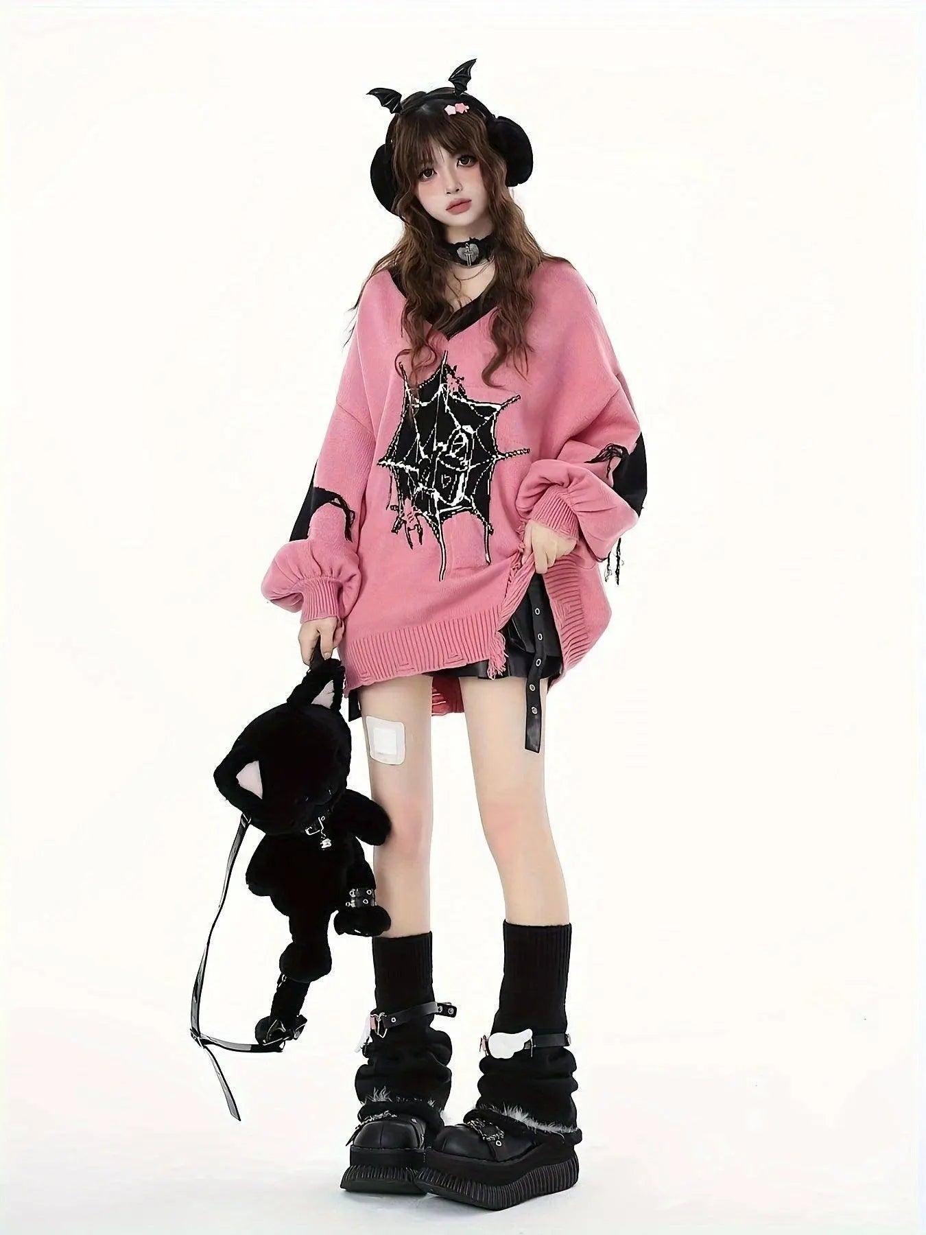 Cute Acrylic Knit Pullover with Animal and Color Block Pattern, V-Neck, Lantern Sleeve, Ripped Detail, Loose Fit - Women's Fall/Winter Sweater - Tophatter Daily Deals