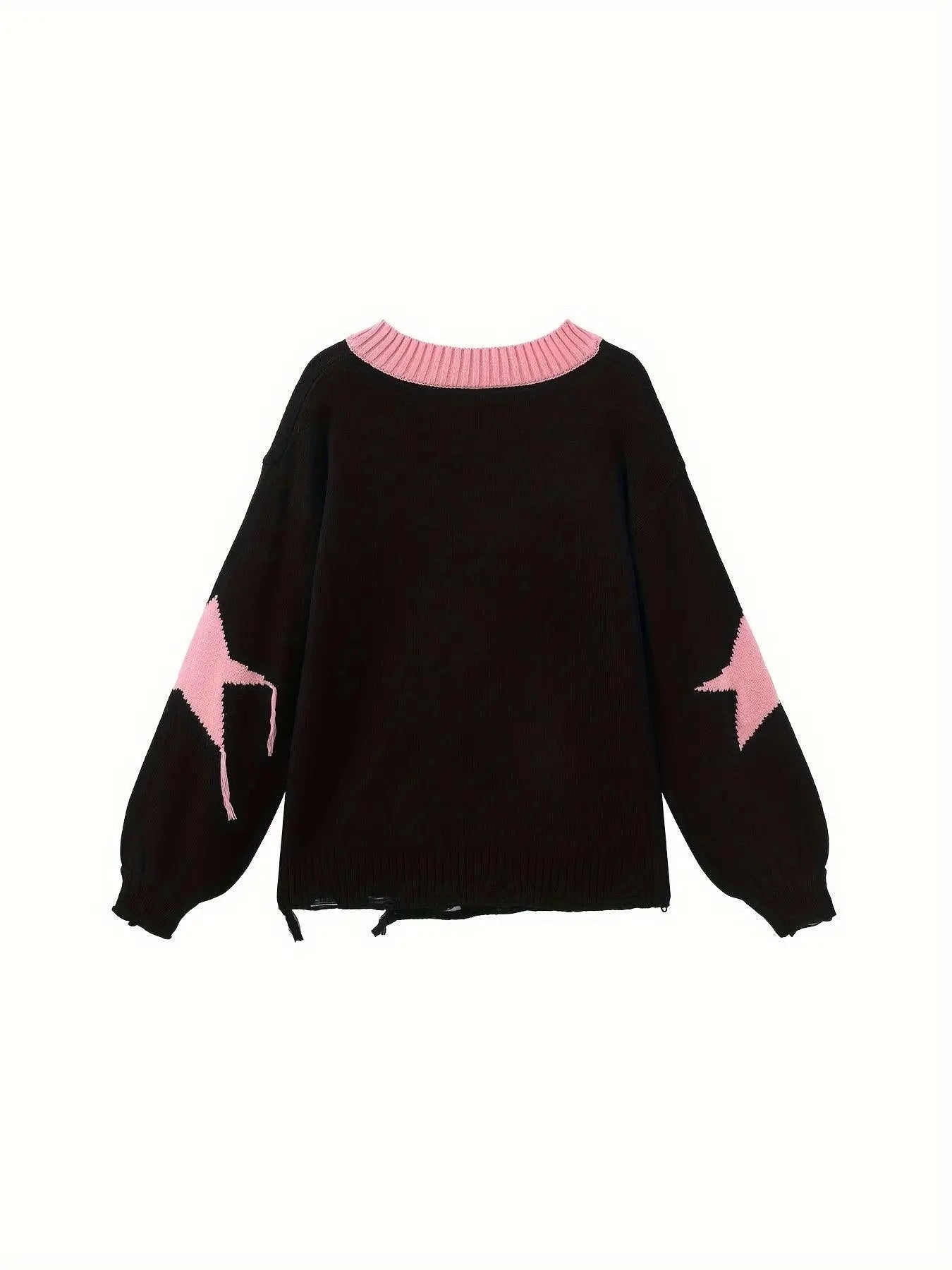 Cute Acrylic Knit Pullover with Animal and Color Block Pattern, V-Neck, Lantern Sleeve, Ripped Detail, Loose Fit - Women's Fall/Winter Sweater - Tophatter Daily Deals