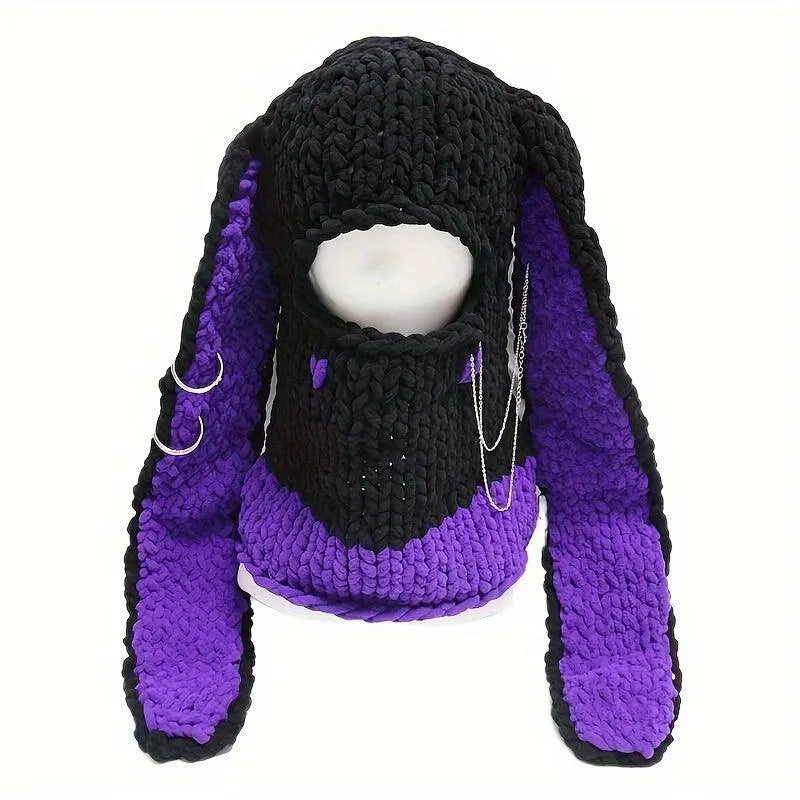 Cute Bunny Ears Knit Hats Thick Coldproof Ski Mask Hip Hop Y2K Balaclava Windproof Cartoon Rabbit Skull Cap Beanies For Women daily use Autumn & Winter Purple 54-60cm - Tophatter Daily Deals