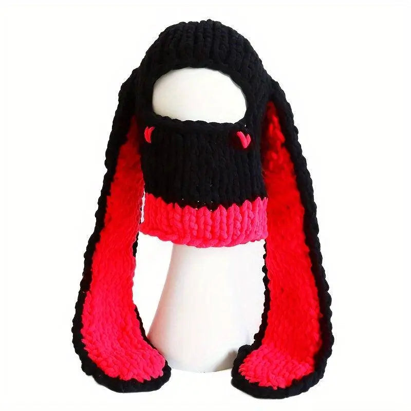 Cute Bunny Ears Knit Hats Thick Coldproof Ski Mask Hip Hop Y2K Balaclava Windproof Cartoon Rabbit Skull Cap Beanies For Women daily use Autumn & Winter Bright Red 54-60cm - Tophatter Daily Deals