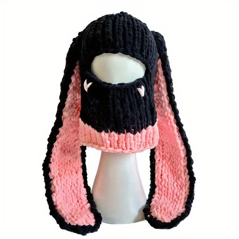 Cute Bunny Ears Knit Hats Thick Coldproof Ski Mask Hip Hop Y2K Balaclava Windproof Cartoon Rabbit Skull Cap Beanies For Women daily use Autumn & Winter Pink 54-60cm - Tophatter Daily Deals
