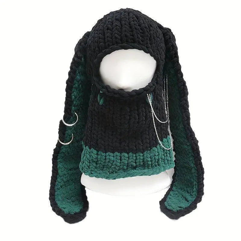 Cute Bunny Ears Knit Hats Thick Coldproof Ski Mask Hip Hop Y2K Balaclava Windproof Cartoon Rabbit Skull Cap Beanies For Women daily use Autumn & Winter Blackish Green 54-60cm - Tophatter Daily Deals