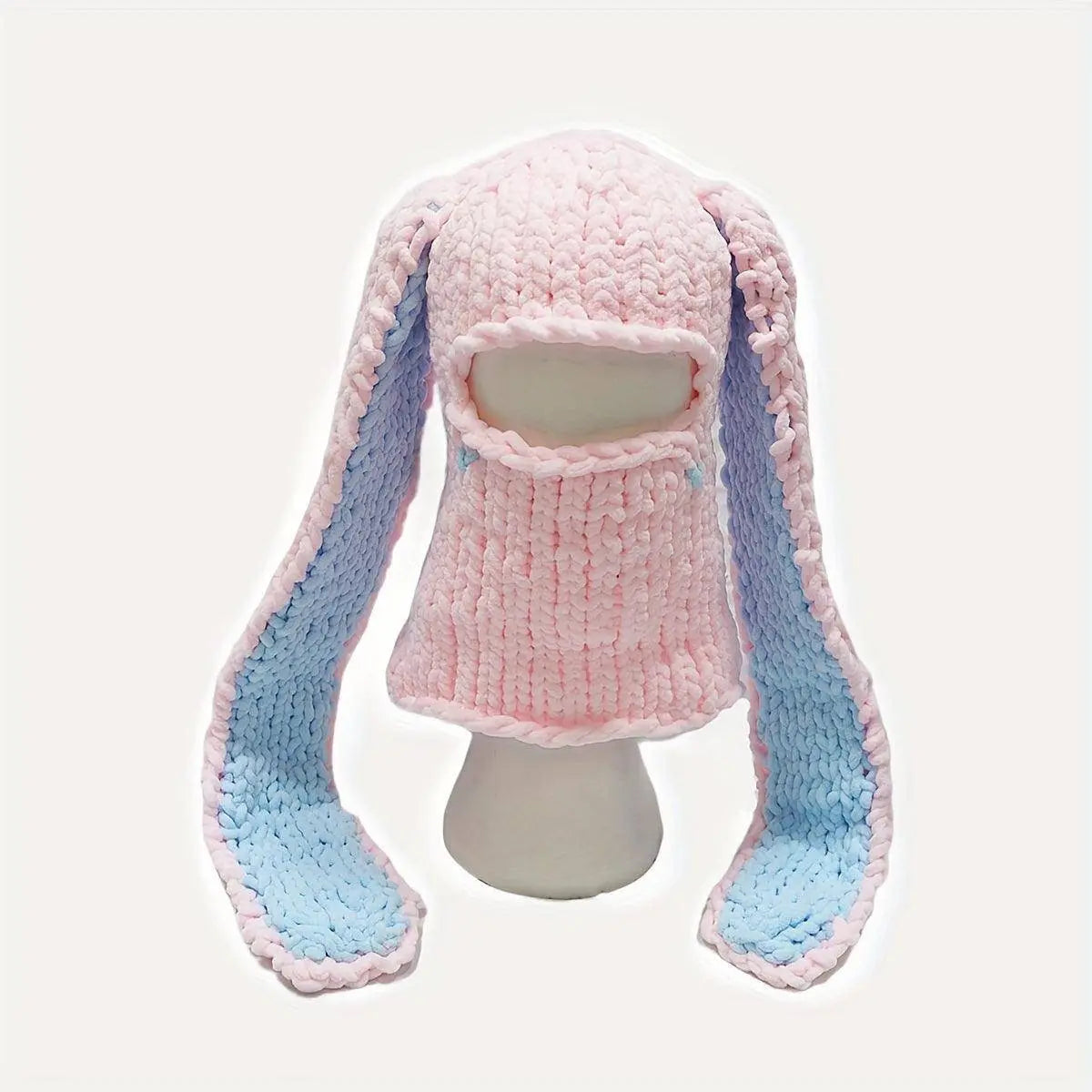 Cute Bunny Ears Knit Hats Thick Coldproof Ski Mask Hip Hop Y2K Balaclava Windproof Cartoon Rabbit Skull Cap Beanies For Women daily use Autumn & Winter Pink Blue 54-60cm - Tophatter Daily Deals