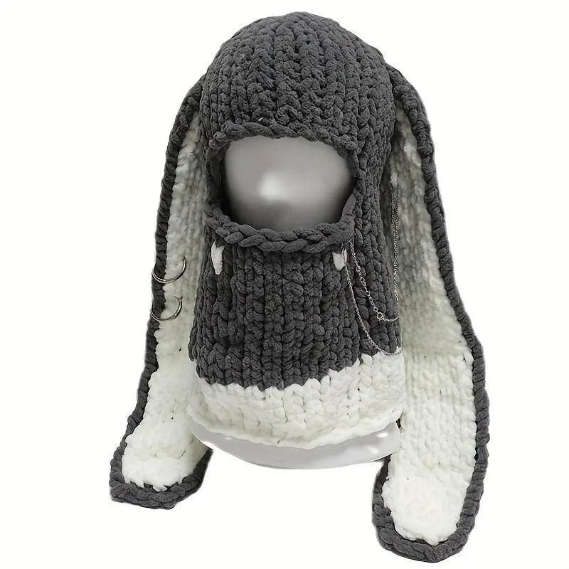 Cute Bunny Ears Knit Hats Thick Coldproof Ski Mask Hip Hop Y2K Balaclava Windproof Cartoon Rabbit Skull Cap Beanies For Women daily use Autumn & Winter grey 54-60cm - Tophatter Daily Deals