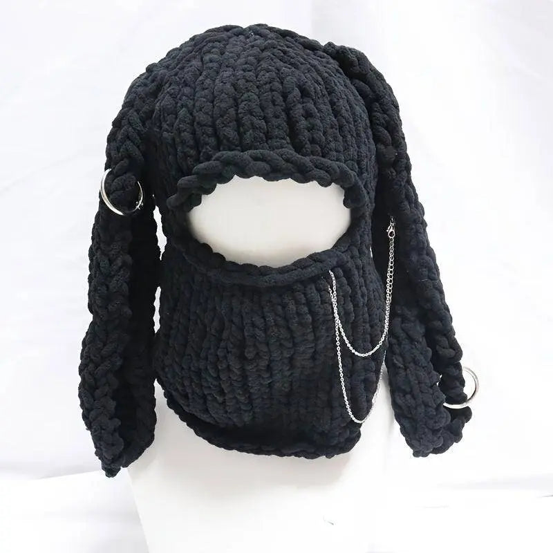 Cute Bunny Ears Knit Hats Thick Coldproof Ski Mask Hip Hop Y2K Balaclava Windproof Cartoon Rabbit Skull Cap Beanies For Women daily use Autumn & Winter Black Short 54-60cm - Tophatter Daily Deals