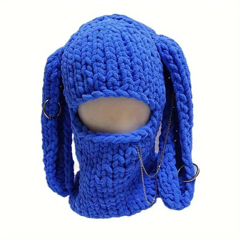 Cute Bunny Ears Knit Hats Thick Coldproof Ski Mask Hip Hop Y2K Balaclava Windproof Cartoon Rabbit Skull Cap Beanies For Women daily use Autumn & Winter Blue Short 54-60cm - Tophatter Daily Deals