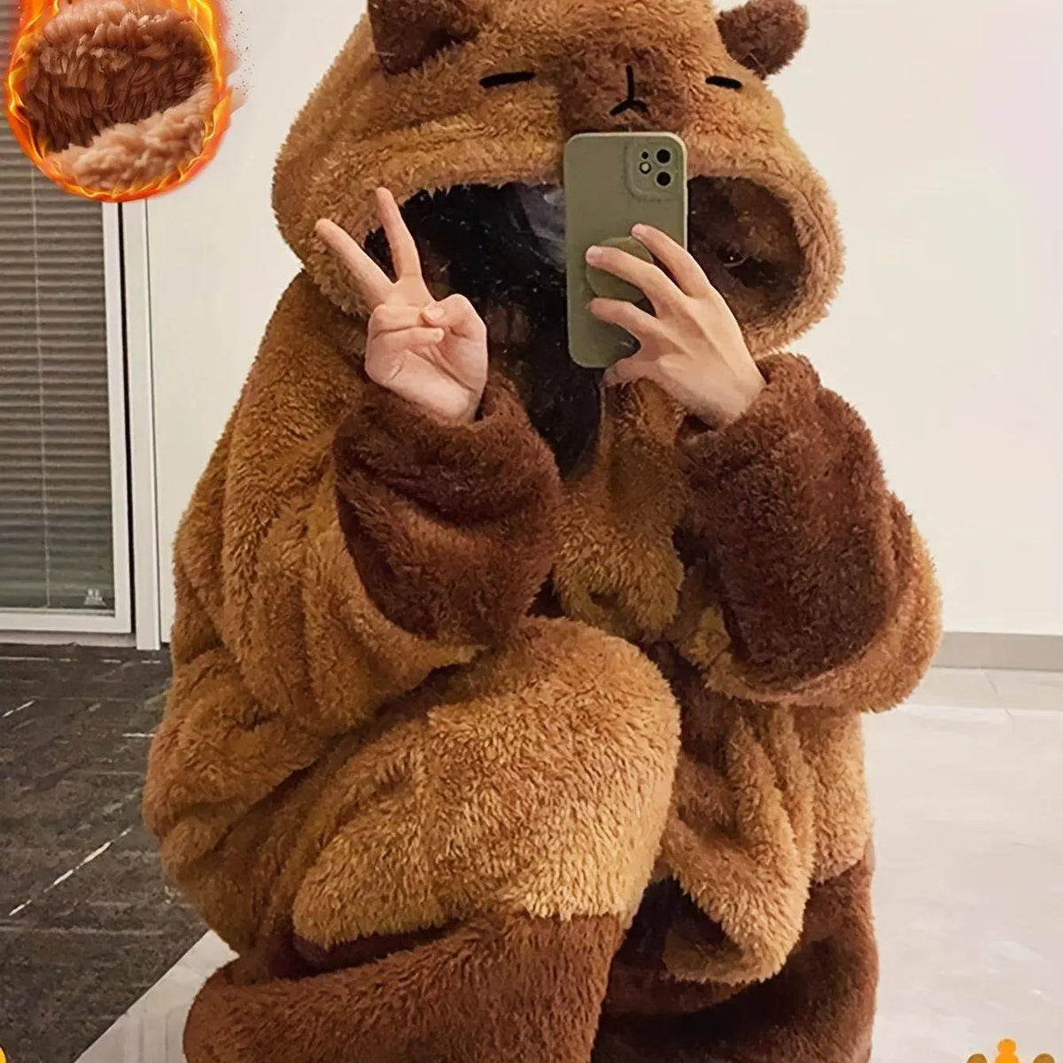 Cute Capybara Plush Fleece Nightdress with Hood Coffee color Asian One-size - Tophatter Daily Deals