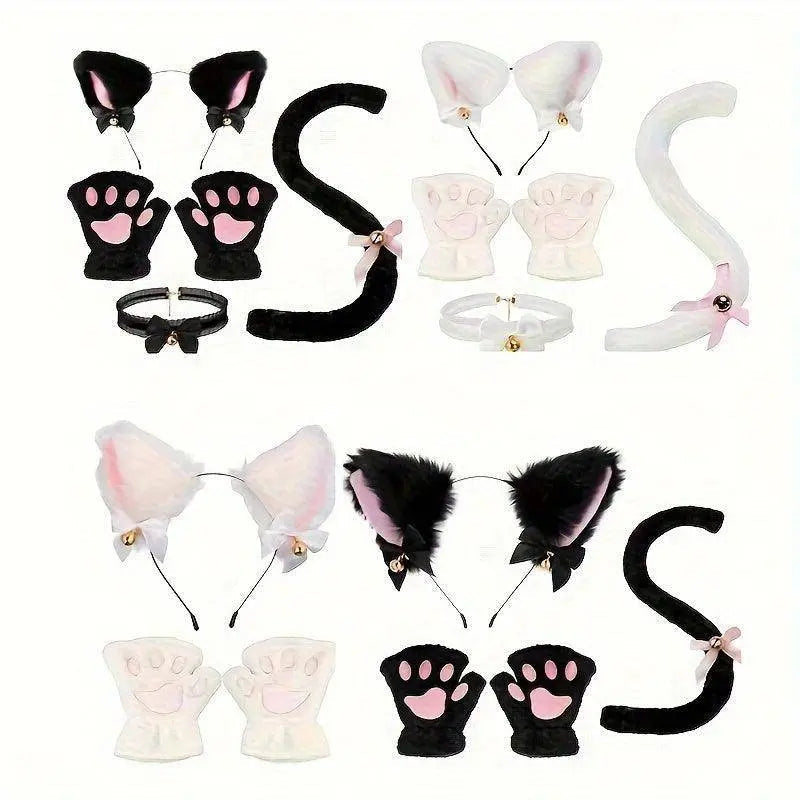 Cute Cat Cosplay Costume Accessories Set with Cat Ears Headband, Paw Gloves, Tail, Choker - Polyester Fairy Theme Outfit Kit for Halloween Dress Up - Hand Washable - Tophatter Daily Deals