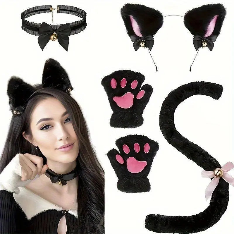 Cute Cat Cosplay Costume Accessories Set with Cat Ears Headband, Paw Gloves, Tail, Choker - Polyester Fairy Theme Outfit Kit for Halloween Dress Up - Hand Washable Black - Tophatter Daily Deals
