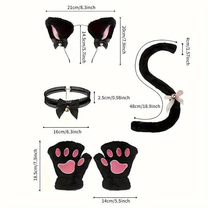 Cute Cat Cosplay Costume Accessories Set with Cat Ears Headband, Paw Gloves, Tail, Choker - Polyester Fairy Theme Outfit Kit for Halloween Dress Up - Hand Washable - Tophatter Daily Deals