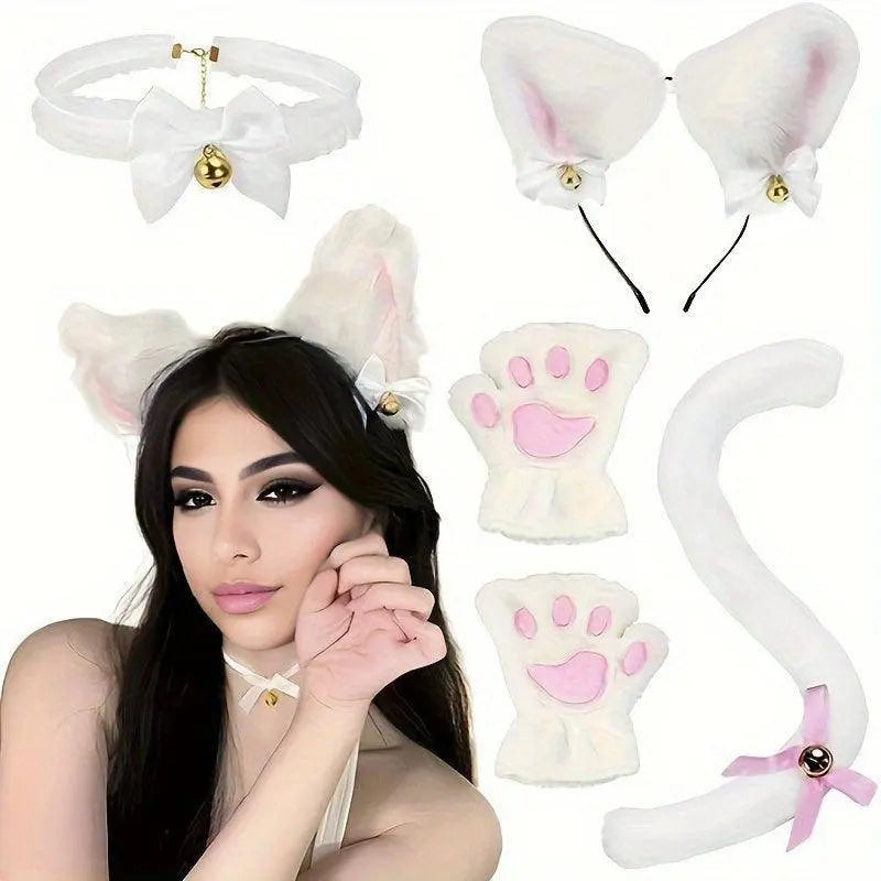 Cute Cat Cosplay Costume Accessories Set with Cat Ears Headband, Paw Gloves, Tail, Choker - Polyester Fairy Theme Outfit Kit for Halloween Dress Up - Hand Washable White - Tophatter Daily Deals