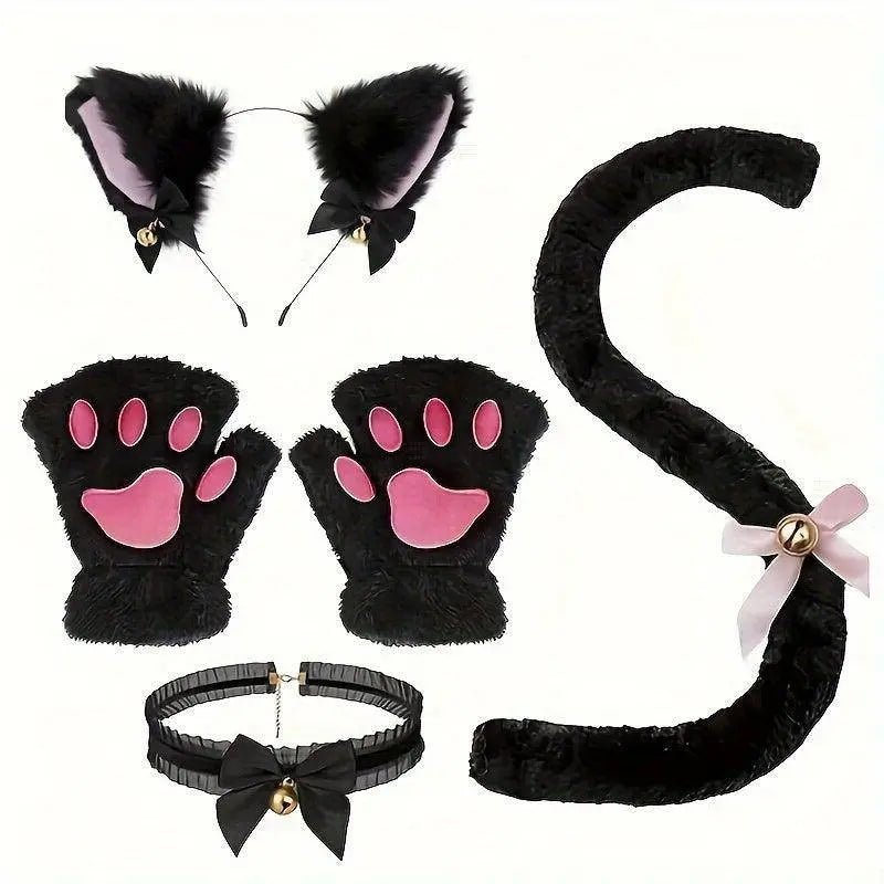 Cute Cat Cosplay Costume Accessories Set with Cat Ears Headband, Paw Gloves, Tail, Choker - Polyester Fairy Theme Outfit Kit for Halloween Dress Up - Hand Washable - Tophatter Daily Deals