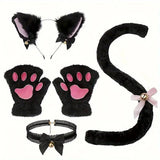 Cute Cat Cosplay Costume Accessories Set with Cat Ears Headband, Paw Gloves, Tail, Choker - Polyester Fairy Theme Outfit Kit for Halloween Dress Up - Hand Washable - Tophatter Daily Deals