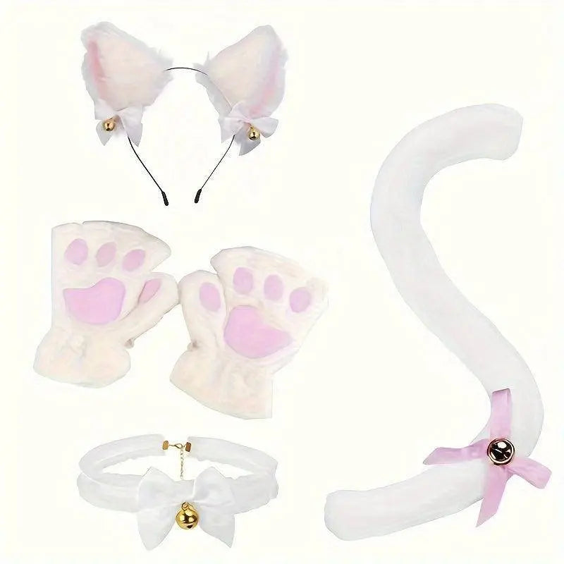 Cute Cat Cosplay Costume Accessories Set with Cat Ears Headband, Paw Gloves, Tail, Choker - Polyester Fairy Theme Outfit Kit for Halloween Dress Up - Hand Washable - Tophatter Daily Deals