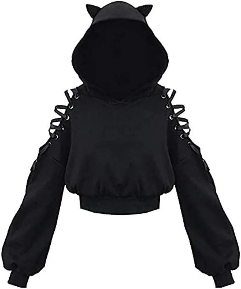 Cute Cat Ear Hoodie, Off-Shoulder Black Punk Crop Pullover clothing - Tophatter Daily Deals
