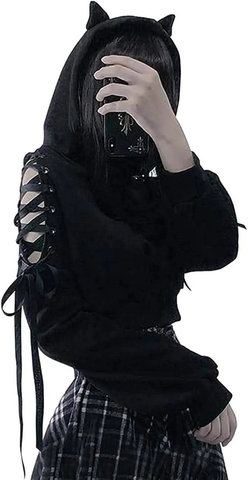 Cute Cat Ear Hoodie, Off-Shoulder Black Punk Crop Pullover clothing - Tophatter Daily Deals